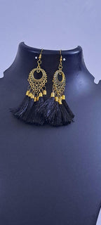 Golden neckband with black silk thread fringes and matching earrings
