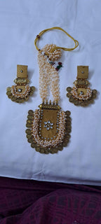 Exclusive Indian traditional golden fabric necklace with laural beads and kundan n matching earrings