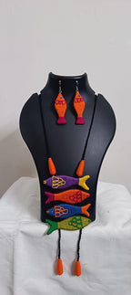 Multi colour crochet thread necklace with fish pendant and matching thread earrings