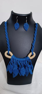 Blue Crochet thread necklace set with leaf fringes and matching earrings