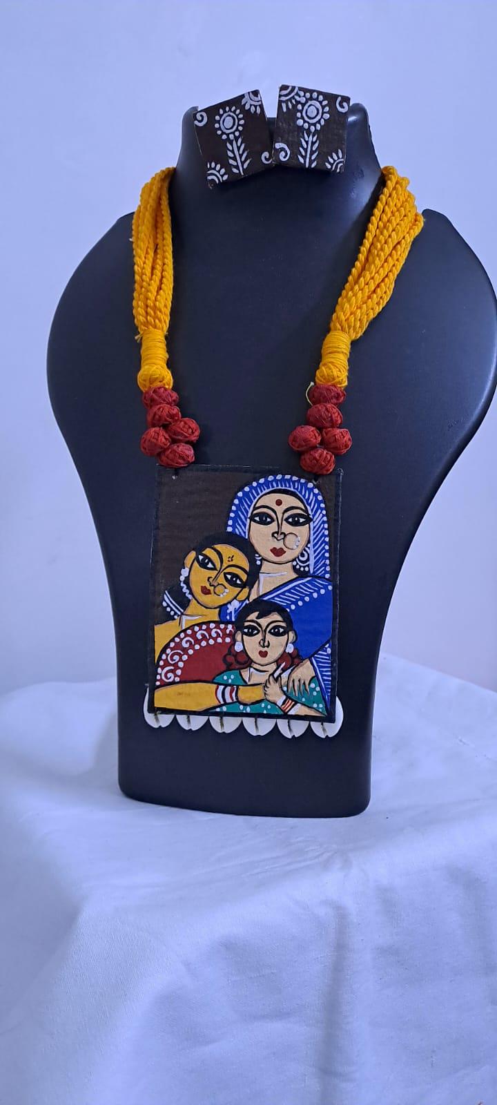 Handpainted fabric necklace set with earrings