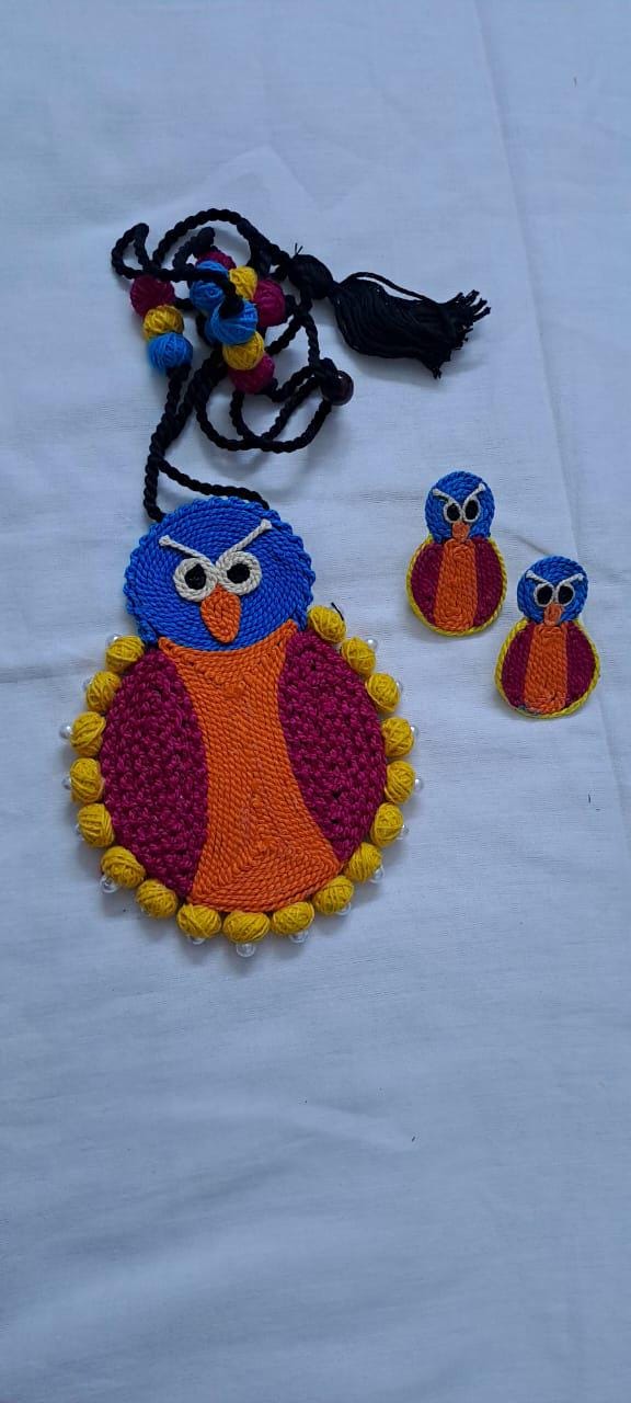 Handmade thread jewellery necklace set with owl pendant and matching earrings