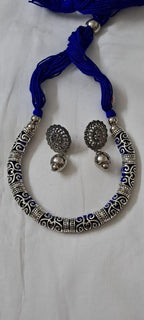 Exclusive silver oxidised hasuli set with matching earrings