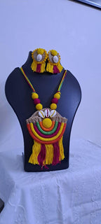 Exclusive multicoloured thread necklace set with jute n thread pendant n matching earrings