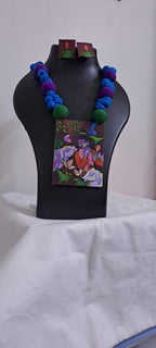 Handpainted fabric jewellery set with matching earrings