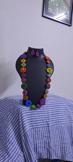 Exclusive multicoloured flat thread beads long necklace set with matching earrings (pink)