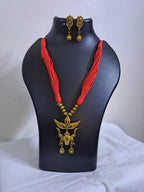 Red thread necklace with golden oxidised Durga pendant n matching earrings