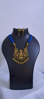 Royal blue thread necklace with Golden oxidised traditional pendant