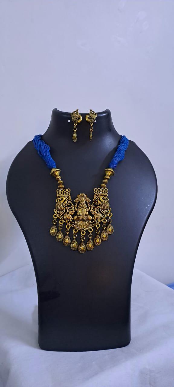 Royal blue thread necklace with Golden oxidised traditional pendant