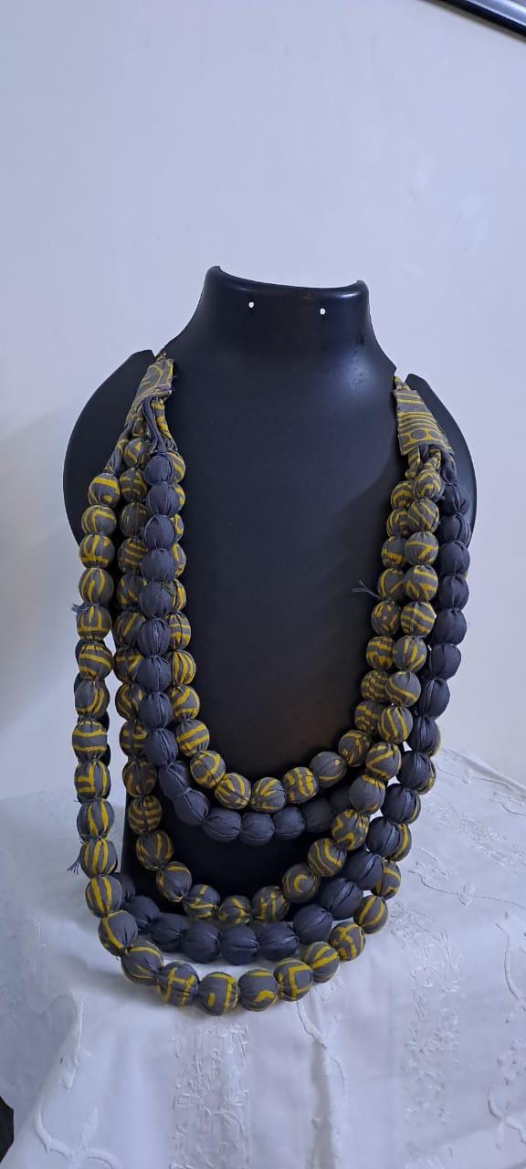 Exclusive multi-layered yellow grey fabric necklace