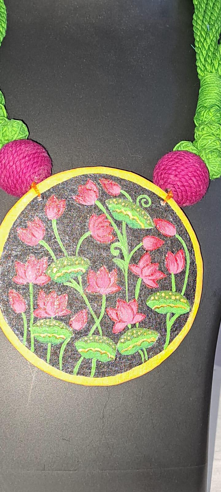 Handpainted fabric necklace set with earrings