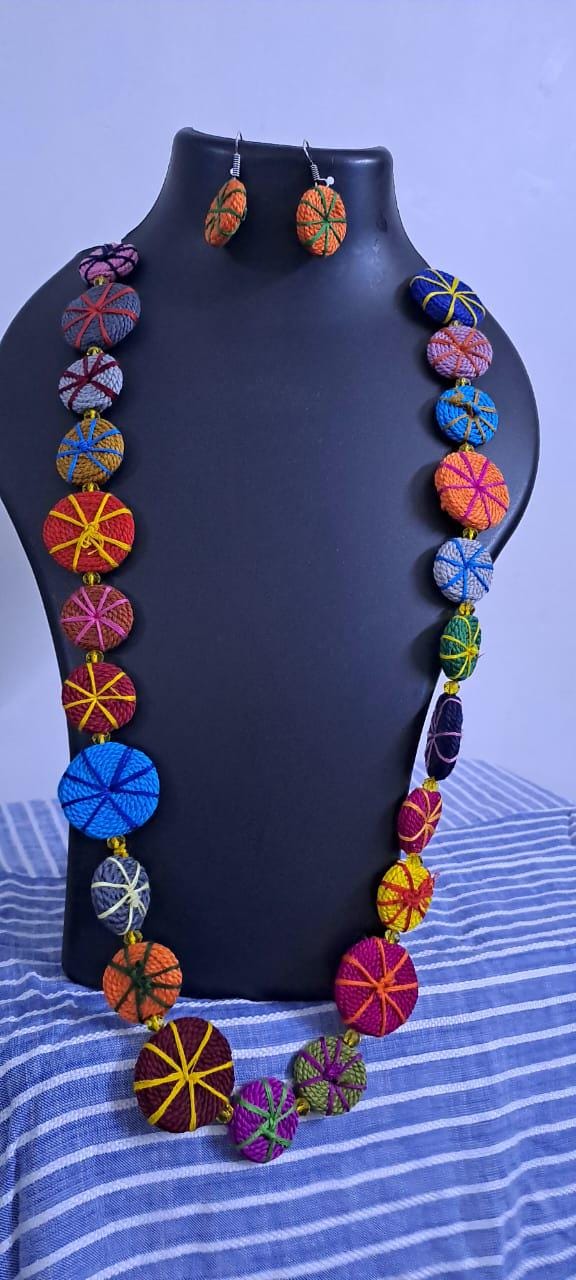Exclusive multicoloured flat thread beads long necklace set with matching earrings (orange)
