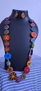 Exclusive multicoloured flat thread beads long necklace set with matching earrings (orange)