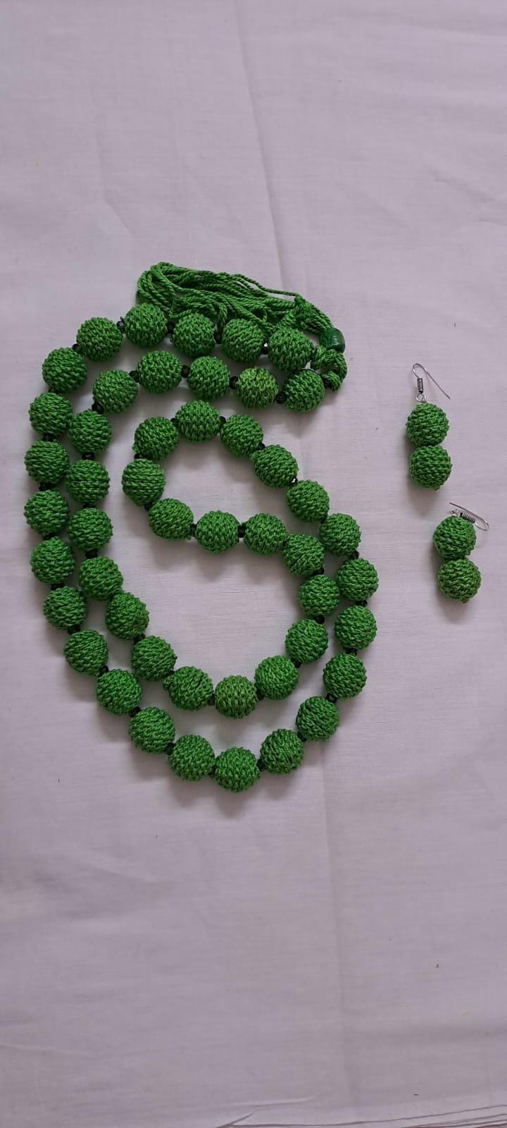 Exclusive green thread beads long necklace set with matching earrings
