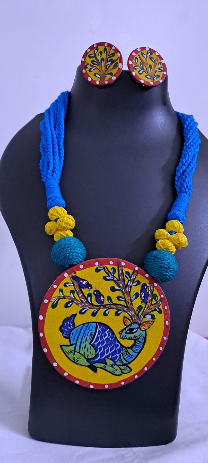 Handpainted fabric necklace set with earrings
