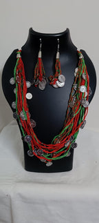 Exclusive multi-coloured and multi-layered thread necklace with silver oxidised charms