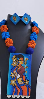 Handpainted fabric necklace set with earrings