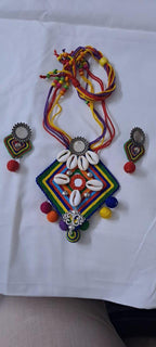 Exclusive multicoloured thread necklace set with shell n thread pendant n matching earrings