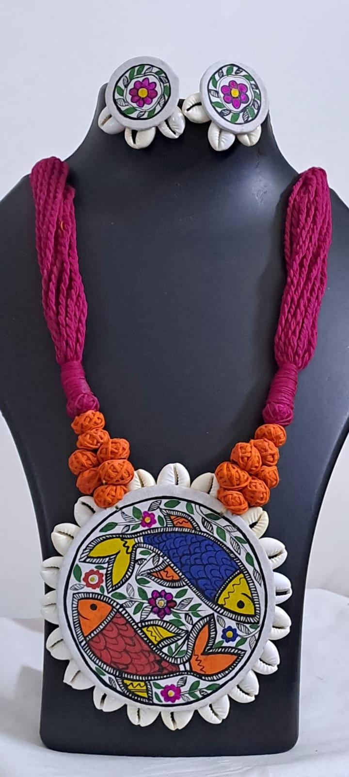 Handpainted fabric jewellery set with matching earrings