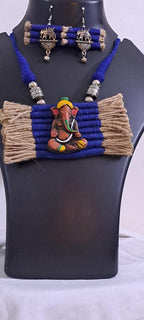 Terracotta Ganesha pendant jute necklace set with matching earrings