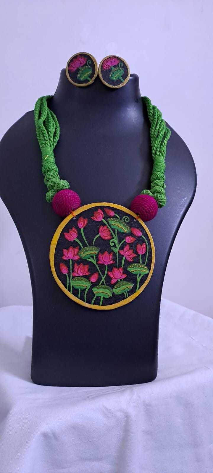 Handpainted fabric necklace set with earrings