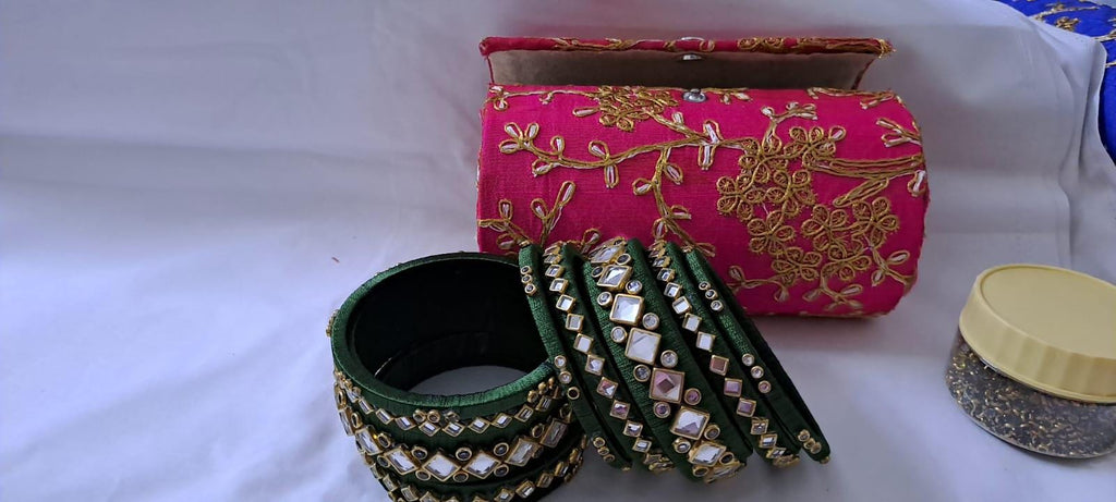 Green colour traditional thread kundan bangles with zari bangle box