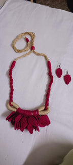 Pink Crochet thread necklace set with leaf fringes and matching earrings